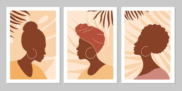 Conjunto de retratos abstractos de mujeres con hojas. Silueta femenina abstracta en estilo boho minimalista. Vector ilustración plana. Diseño para redes sociales, tarjetas, impresión, fondo.