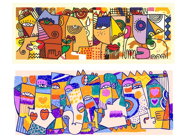 Conjunto de retratos abstractos de rostros, formas geométricas, dibujos decorativos, ilustraciones vectoriales dibujadas a mano