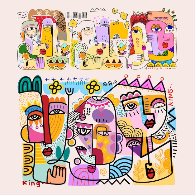 Conjunto de retratos abstractos de rostros, formas geométricas, garabates decorativos, arte de pared vectorial dibujado a mano