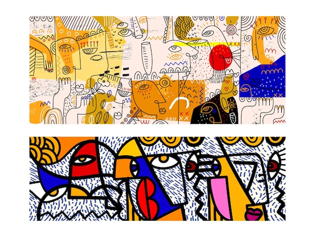 Conjunto de retratos abstractos de rostros, formas geométricas, garabates decorativos, arte de pared vectorial dibujado a mano