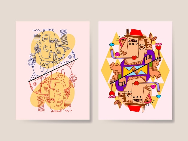 Conjunto de retratos abstractos de rostros, formas geométricas, garabates decorativos, arte de pared vectorial dibujado a mano