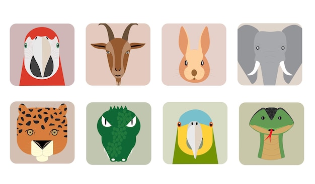 Conjunto de retratos de animales en forma de iconos (ilustración vectorial - símbolos)