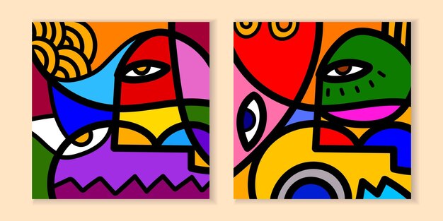 Conjunto de retratos de caras geométricas abstractas, ilustraciones vectoriales dibujadas a mano, arte de la pared con líneas decorativas