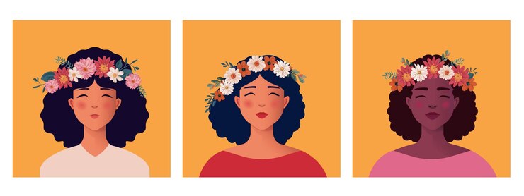 Vector conjunto de retratos de chicas bonitas con coronas de flores