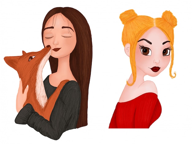 Vector conjunto de retratos de dibujos animados de niñas en técnica de acuarela y lápiz