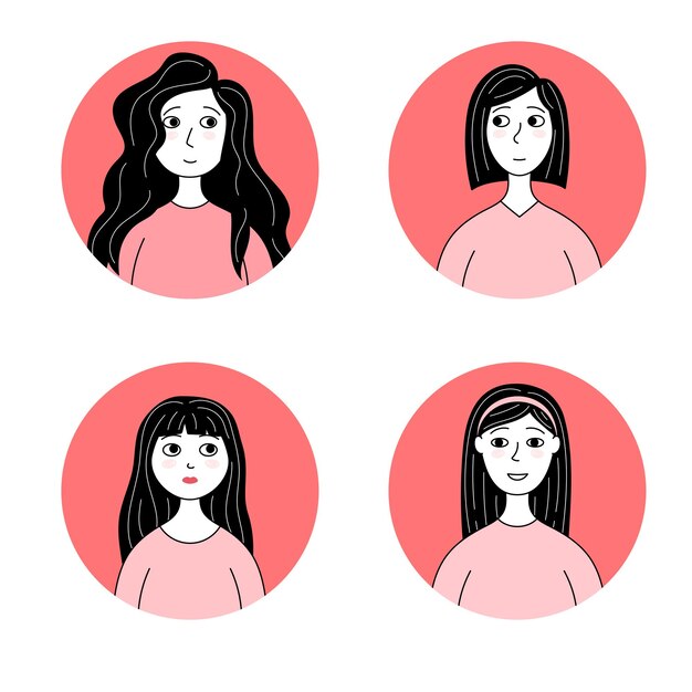 Conjunto de retratos de garabatos de avatares de mujeres jóvenes Caras de niñas ilustración vectorial