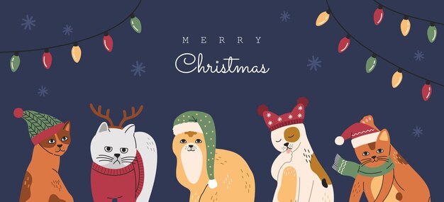 Conjunto de retratos de gatos de Navidad, colección de gracioso gatito lindo con gorros y suéteres. Gatito gris con cuernos de ciervo. Ilustración de vector dibujado a mano, banner de año nuevo o tarjeta aislada sobre fondo azul