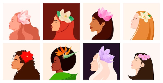 Un conjunto de retratos de hermosas mujeres de diferentes nacionalidades. flores en el cabello.