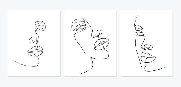 Conjunto de retratos Ilustración de vector minimalista de línea continua de rostro de mujer hermosa