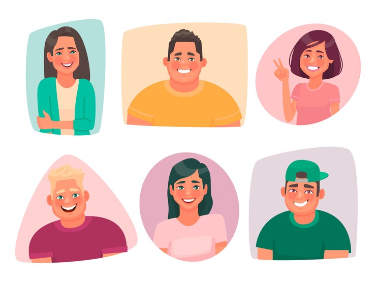 Vector conjunto de retratos de jóvenes felices. avatares de chicos y chicas sonrientes de estudiantes. personajes alegres de hombres y mujeres.