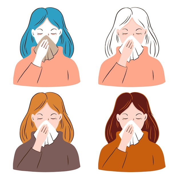 Vector conjunto de retratos de una mujer enferma con secreción nasal y un pañuelo.