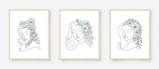 Conjunto de retratos de mujer marco floral de arte lineal