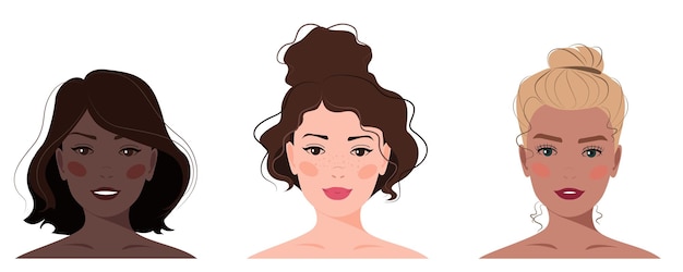 Conjunto de retratos de mujeres con cabello diferente Diversidad de colores de piel Ilustración vectorial