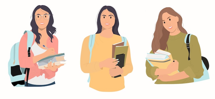 Vector conjunto de retratos de mujeres jóvenes en estilo de dibujos animados. concepto de educación