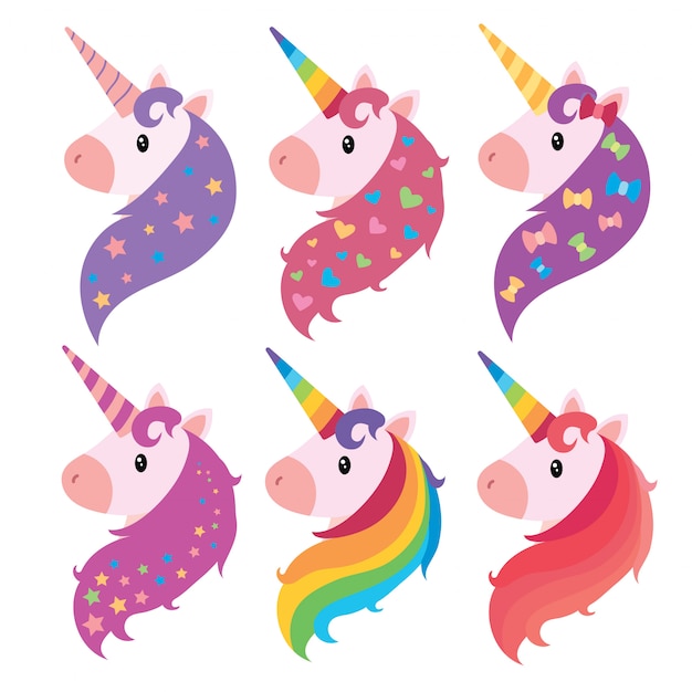 Vector un conjunto de retratos de unicornios en estilo de dibujos animados. una colección de unicornios de colores.