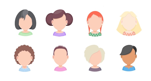 Conjunto de retratos vectoriales de mujeres con diferentes peinados en un estilo plano para avatar en redes sociales