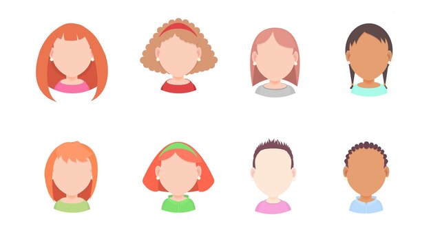 Conjunto de retratos vectoriales de mujeres con diferentes peinados en un estilo plano para avatar en redes sociales