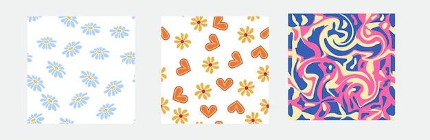 conjunto, de, retro, 1970s, seamless, patrón, floral, remolino, hongos, paz, símbolo, manzanilla, sonrisa