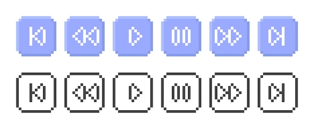 Conjunto retro de botones de audio y video Ilustración vectorial en estilo píxel