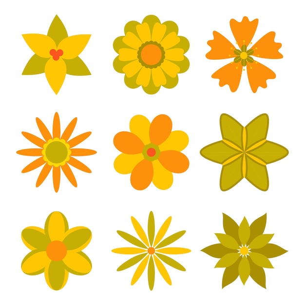 conjunto, de, retro, flores, vector