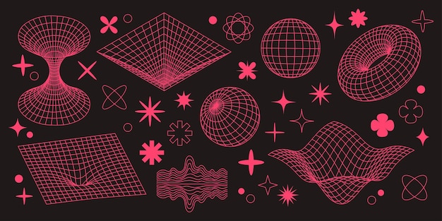 Conjunto retro futurista Pink formas geométricas surrealistas wireframe elementos cyberpunk y perspectiva