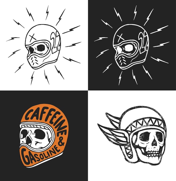 conjunto, de, retro, humano, cráneo, llevando, carreras, casco, vector, clip art