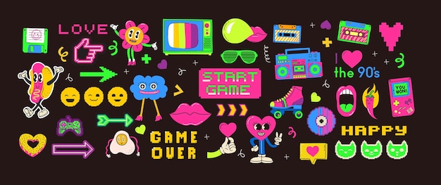 Conjunto retro de iconos de los años 90 Colección de pegatinas de arte pop para bebés nacidos en 1990 Insignia para hipsters