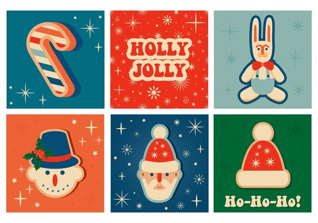 Vector conjunto, de, retro, vendimia, navidad, tarjetas de felicitación