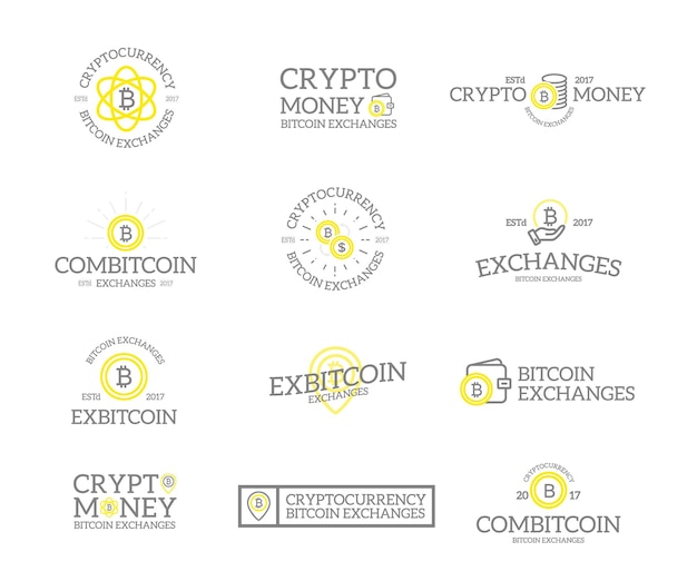 Conjunto de retro vintage bitcoin y criptomonedas logotipos o insignias emblemas etiquetas y insignias y otros objetos de marca estilo línea vectorial
