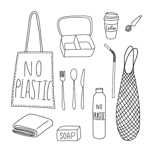 Conjunto reutilizable de cero residuos de Doodle Dibujado a mano sin cosas ecológicas de plástico aisladas