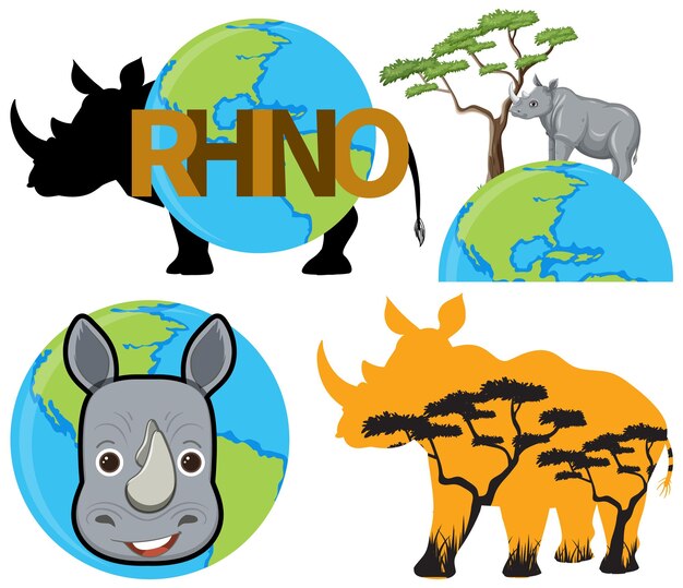 conjunto, de, rinoceronte, animal, icono