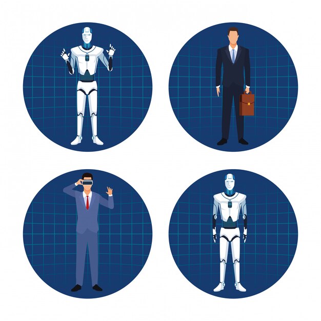 Vector conjunto de robot humanoide y hombre de negocios.