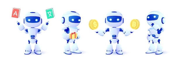Conjunto de robots 3D en diferentes vistas Comunicación en línea con chat bot de inteligencia artificial Tecnología moderna Consulta en línea