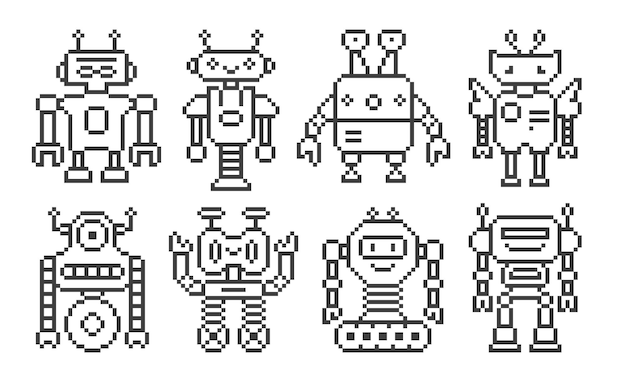 Conjunto de robots de contorno de dibujos animados en arte de píxeles Robots de juego de estilo retro ilustrados por vectores