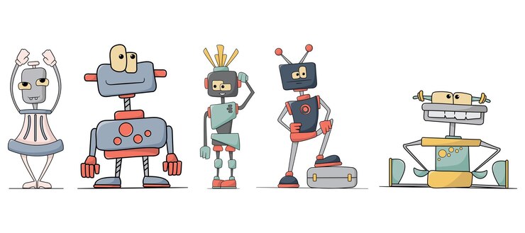 Vector conjunto de robots de dibujos animados lindo. aislado sobre fondo blanco.