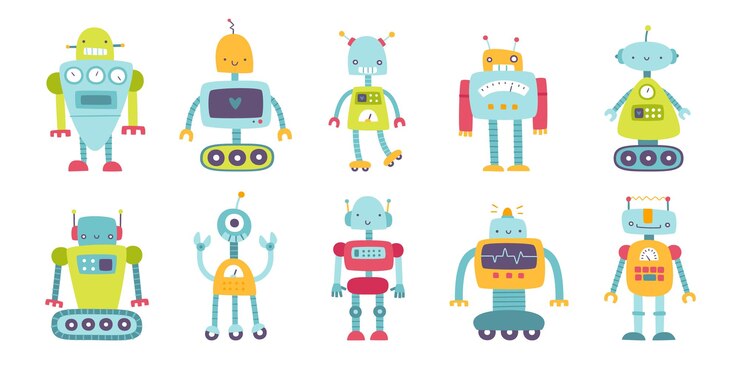 Vector conjunto de robots divertidos y lindos para niños colección de robots infantiles de vector plano, ingenuos y coloridos.