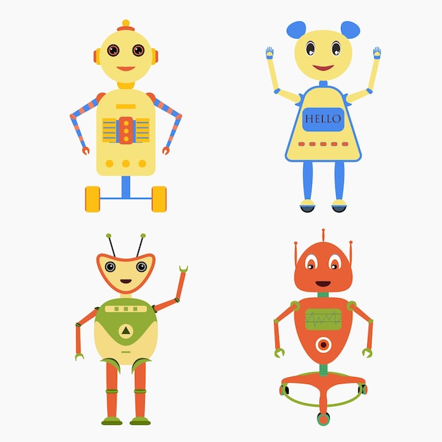 Conjunto de robots en estilo de dibujos animados robots vectoriales aislados en un fondo blanco