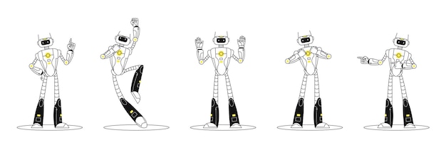 Conjunto de robots con funciones Inteligencia artificial y chatbots de aprendizaje automático con IA Tecnologías e innovaciones modernas Colección de vectores planos de dibujos animados aislados en fondo blanco