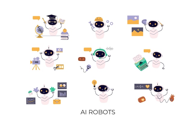 El conjunto de robots de inteligencia artificial AI genera textos imágenes video música audio trabajando
