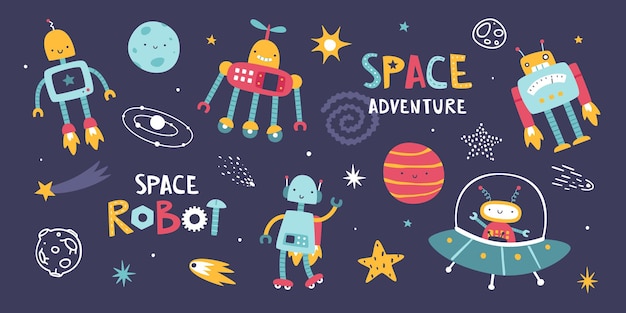 Conjunto de robots lindos en el espacio Colección cósmica con divertidos robot astronautas paquete de pegatinas