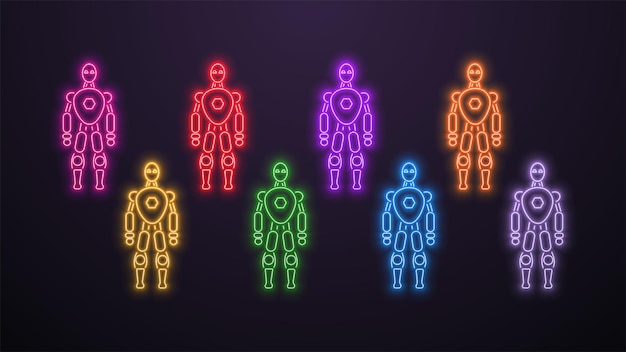Un conjunto de robots de neón brillantes en diferentes colores sobre un fondo oscuro El concepto y el logotipo para la inteligencia artificial de IA