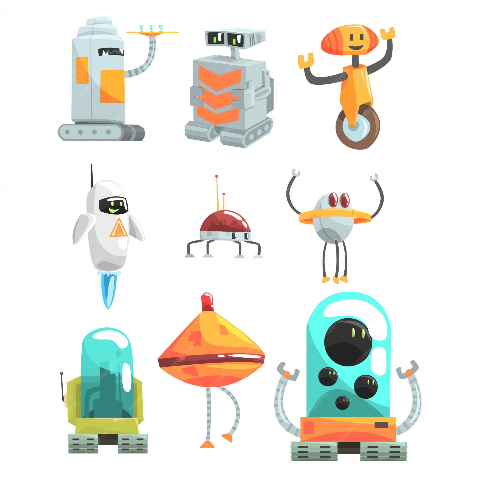 Conjunto de robots de servicio público de diseño diferente de coloridos  dibujos animados androides dibujos aislados | Vector Premium