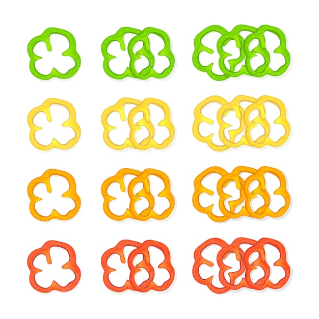 Conjunto de rodajas de pimientos multicolores de pimentón colorido aislado en ilustración de fondo blanco