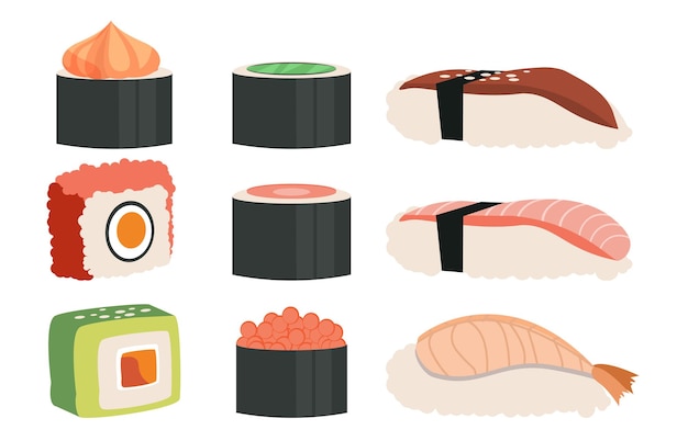 Vector conjunto de rollos de sushi colección gunkan en fondo blanco sabrosa comida asiática sashimi japonés con