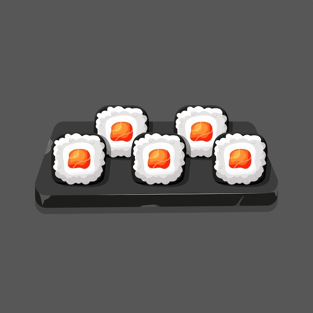 Conjunto de rollos de sushi de salmón con nori y queso crema en el plato de piedra Dibujos animados de comida asiática