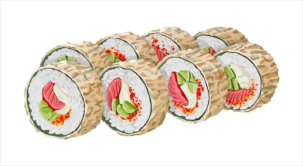 Conjunto de rollos de sushi tempura con masago de atún de pepino y queso crema Ilustración vectorial aislada