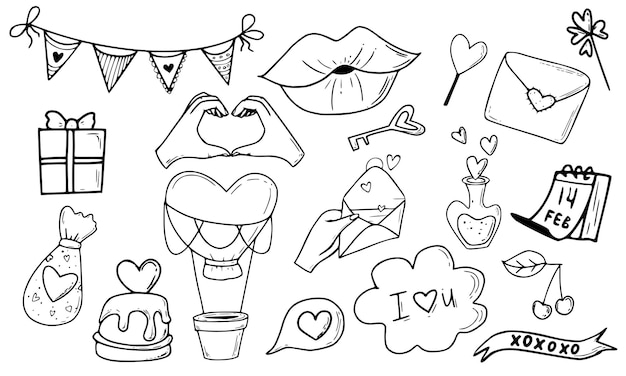 Conjunto romántico de corazones labios beso globo etc. estilo doodle. ilustración vectorial