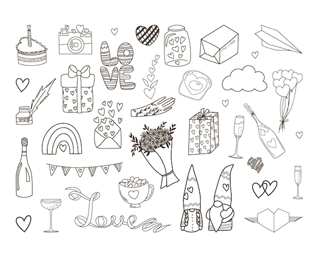 Vector conjunto romántico para el día de san valentín de elementos dibujados a mano en clipart vectorial de estilo doodle