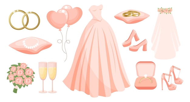 Conjunto de ropa y accesorios de boda para la novia vestido de novia anillos collar zapatos velo