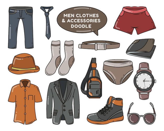 Conjunto de ropa y accesorios de hombres dibujados a mano doodle de dibujos animados
